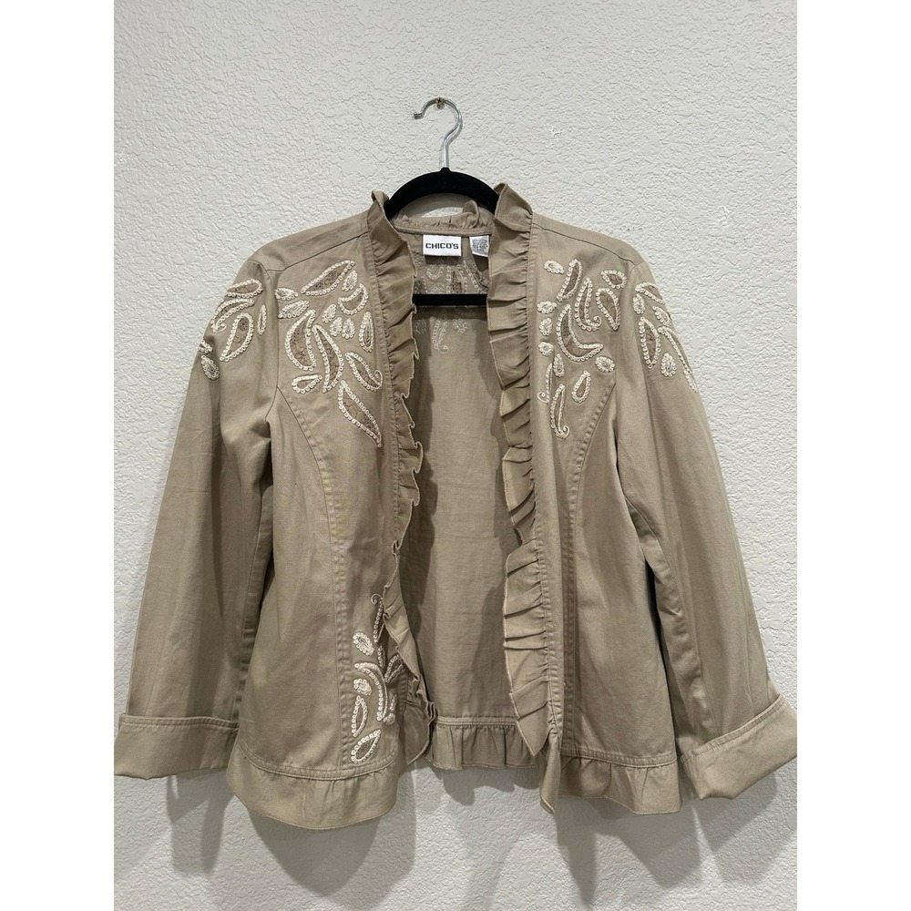 Chicos Khaki Tan Ruffle Open Front Jacket Paisley Embroidered Lace Cotton Size 2